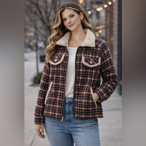 Nautica Plaid Teddy Jacket Sherpa Lined Red Black Cream NWT Size S